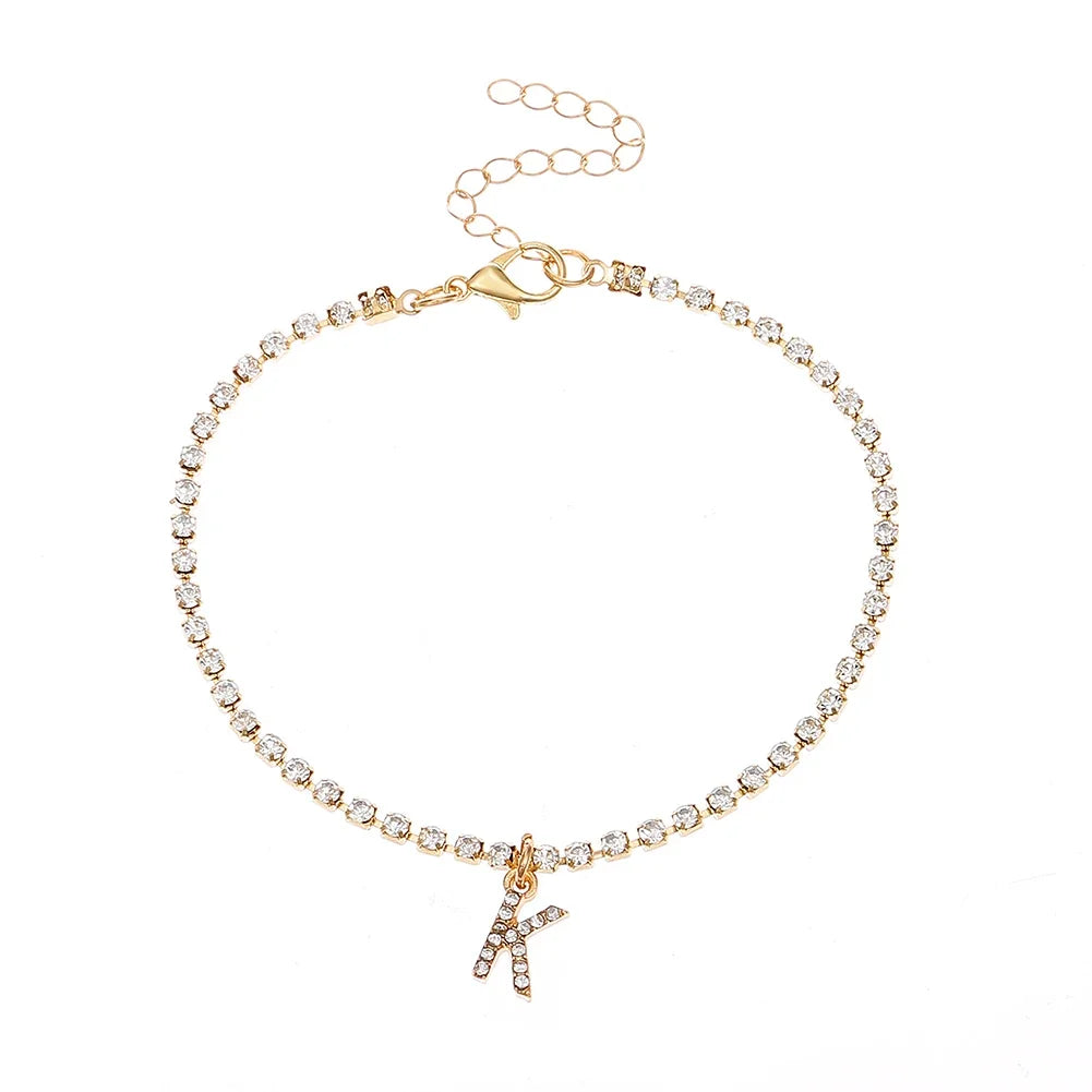 Mode Kreative Initial Buchstaben Alphabet Anhänger Strass Glänzenden Strand Fußkettchen Kette Fuß Schmuck Knöchel Armbänder für Frauen Boho