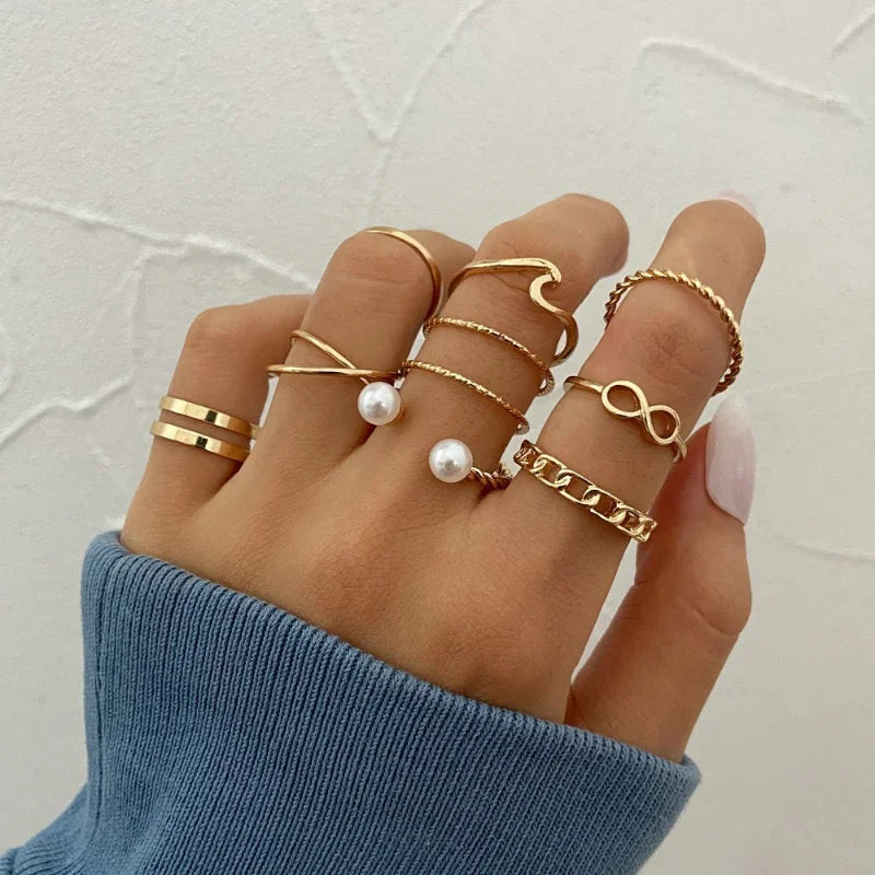 Boho Gold Farbe Herz Ringe Set Für Frauen Vintage Geometrische Kreuz Perle Schmetterling Finger Ringe Weibliche Trendy Schmuck Geschenk