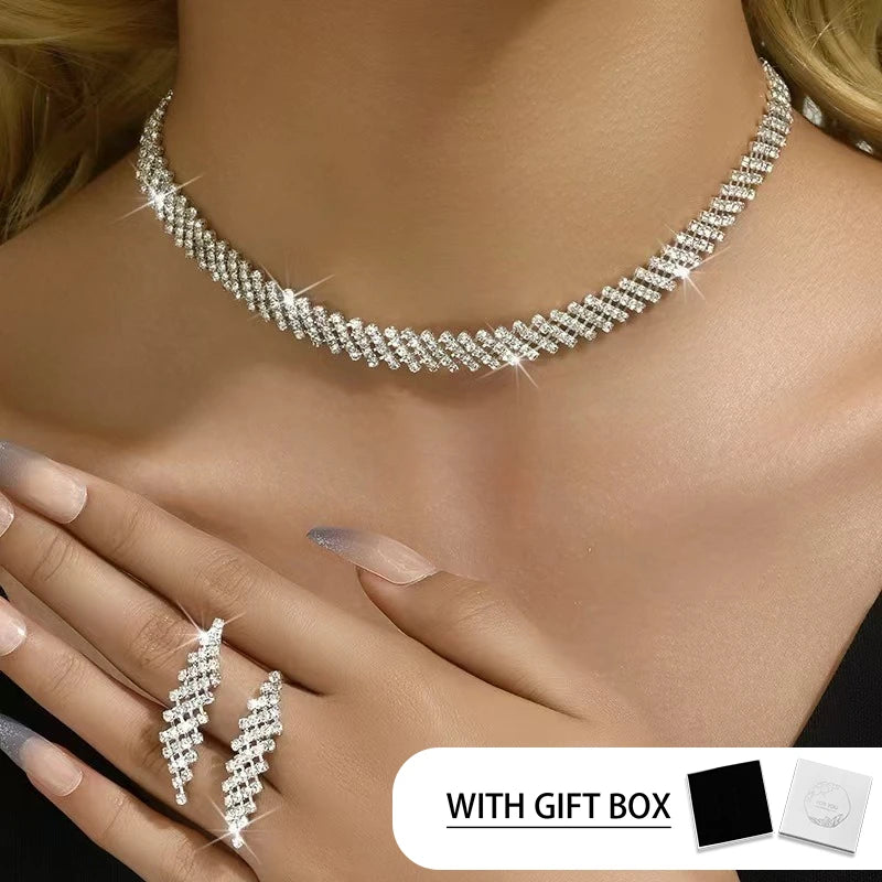LENNIK Super funkelndes exquisites Kristall-Halsketten-Ohrring-Set, Brautaccessoires, Hochzeitsaccessoires, Bankett-Ohrringe