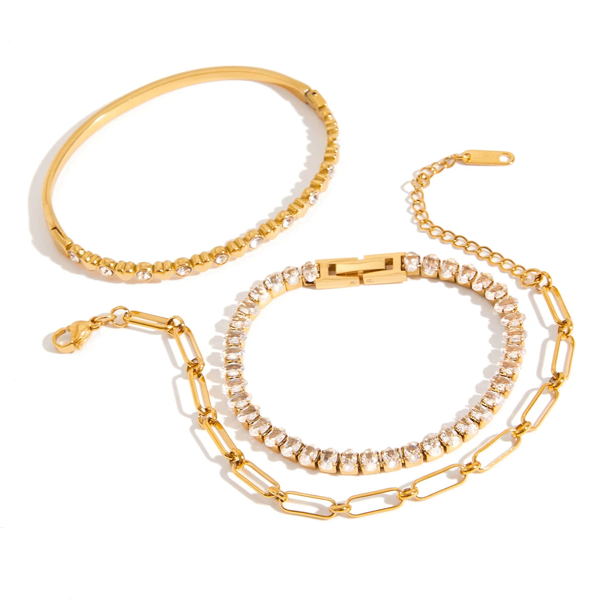 Youthway Klassisches, vielseitiges Kettenarmband, vergoldeter Edelstahl, glänzender Zirkon, Büroklammer-Armbänder, wasserdichter Damenschmuck
