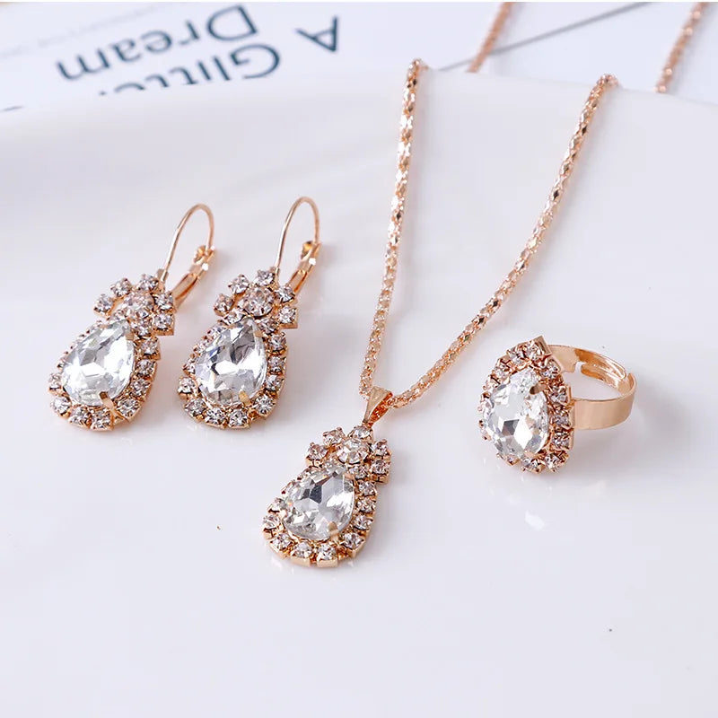 Blauer Kristall Ring Halskette Ohrringe Set Hochzeit Schmuck Sets für Bräute Anhänger Ohrringe für Mädchen Frauen Afrikanische Schmuck Sets