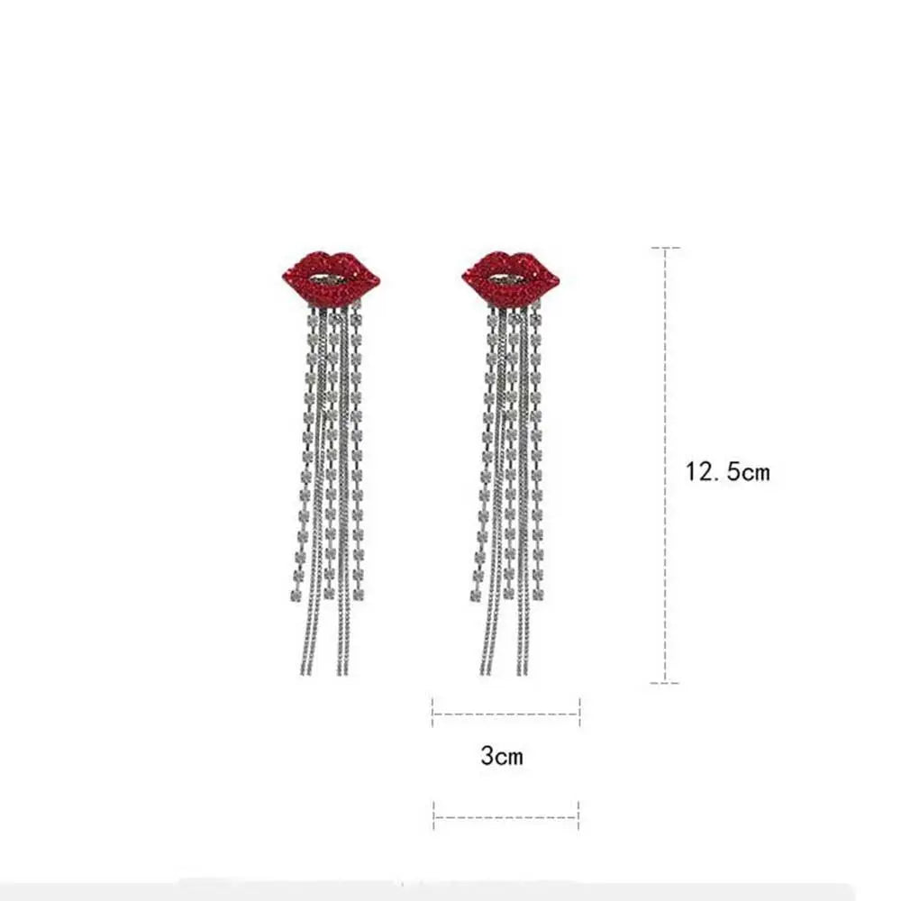Trend ige glänzende Kristall Quaste rote Lippen baumeln Ohrring Strass rote Mund kette lange Quaste Ohrringe für Frauen