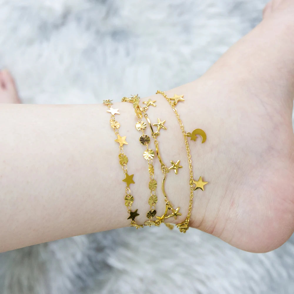 LUXUSTEEL Edelstahl Fußkettchen Armbänder Für Frauen Quaste Seestern Charme Gold Farbe Link Kette Auf Bein Mode Fuß Schmuck