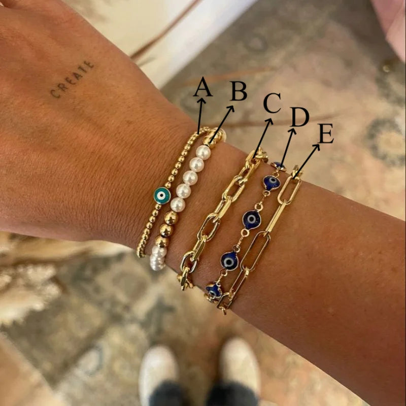 Armband-Set mit bösem Blick, 18 Karat vergoldet, verstellbare Kette und Perlenschmuck für Frauen, spirituelles Geschenk, stapelbare Pulseras