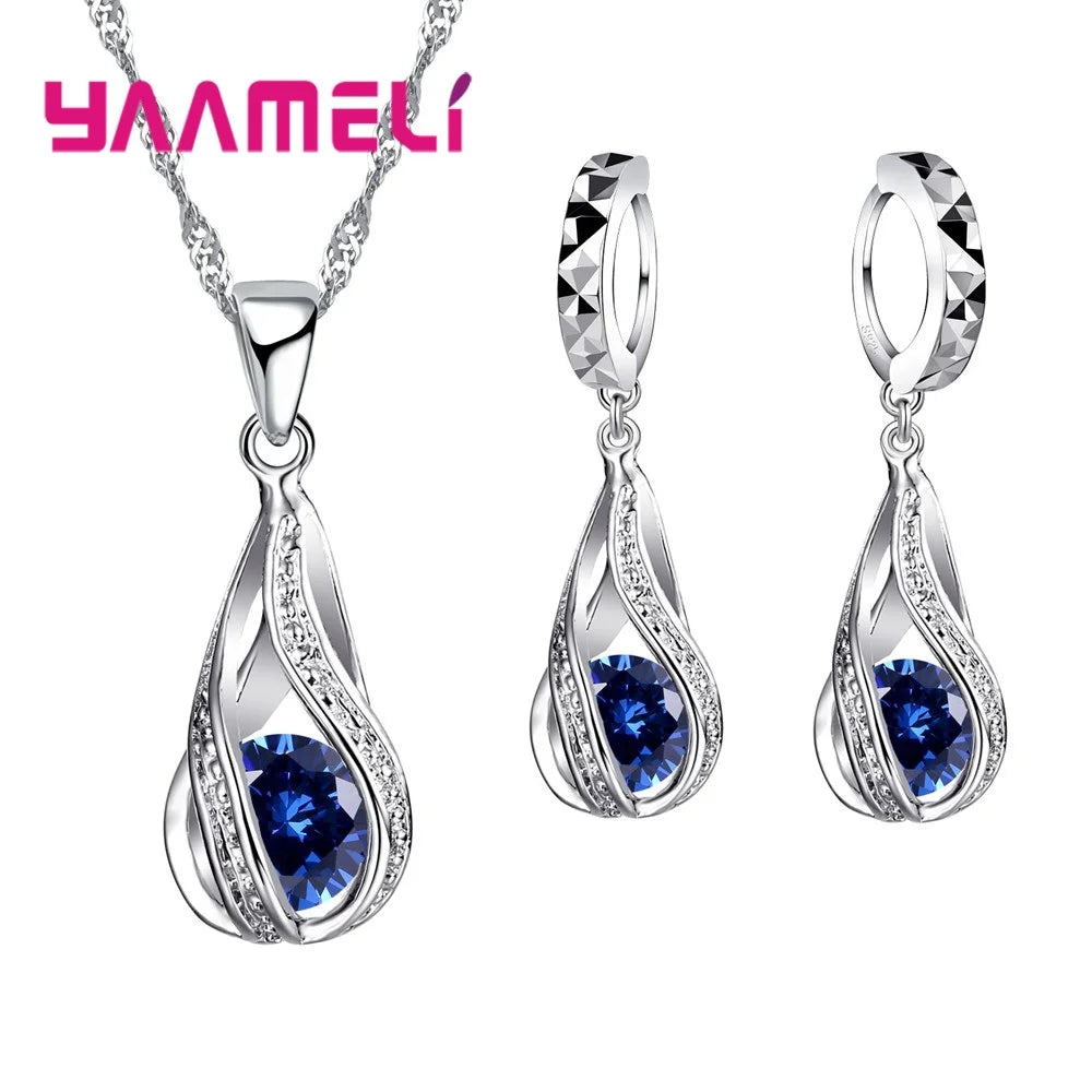 Heißwasser tropfen cz 925 Sterling Silber Schmuck Set für Frauen Anhänger Halskette Creolen Hochzeits feier Ceremey Anel