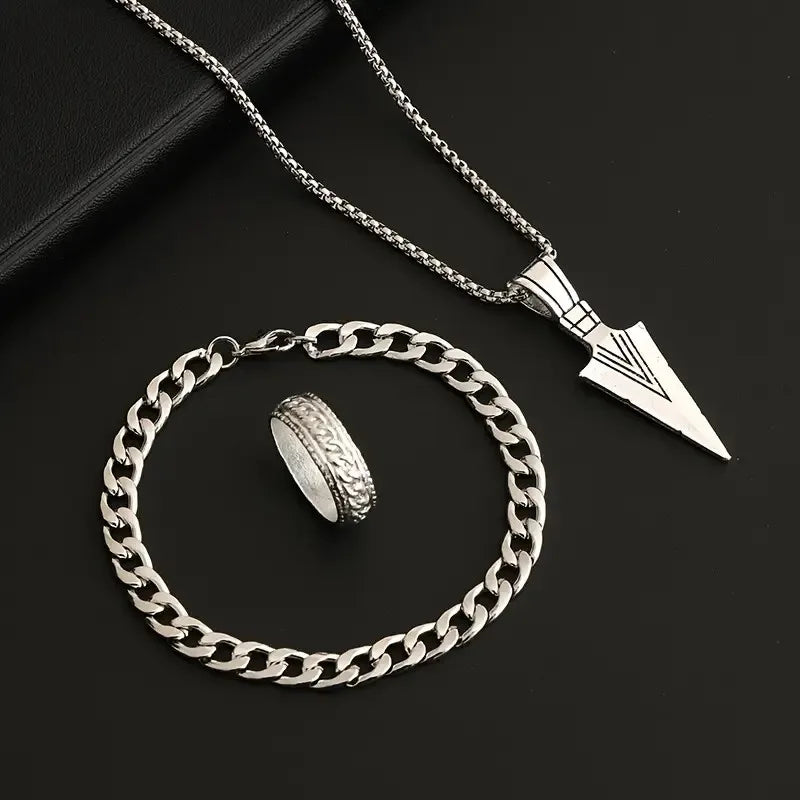 3-teiliges Set Pfeil-Schmuckset, Punk-Hip-Hop-Kette, Armband, Ring, Halskette für Damen und Herren, cooler Stil, Party-Schmuck, Geschenke