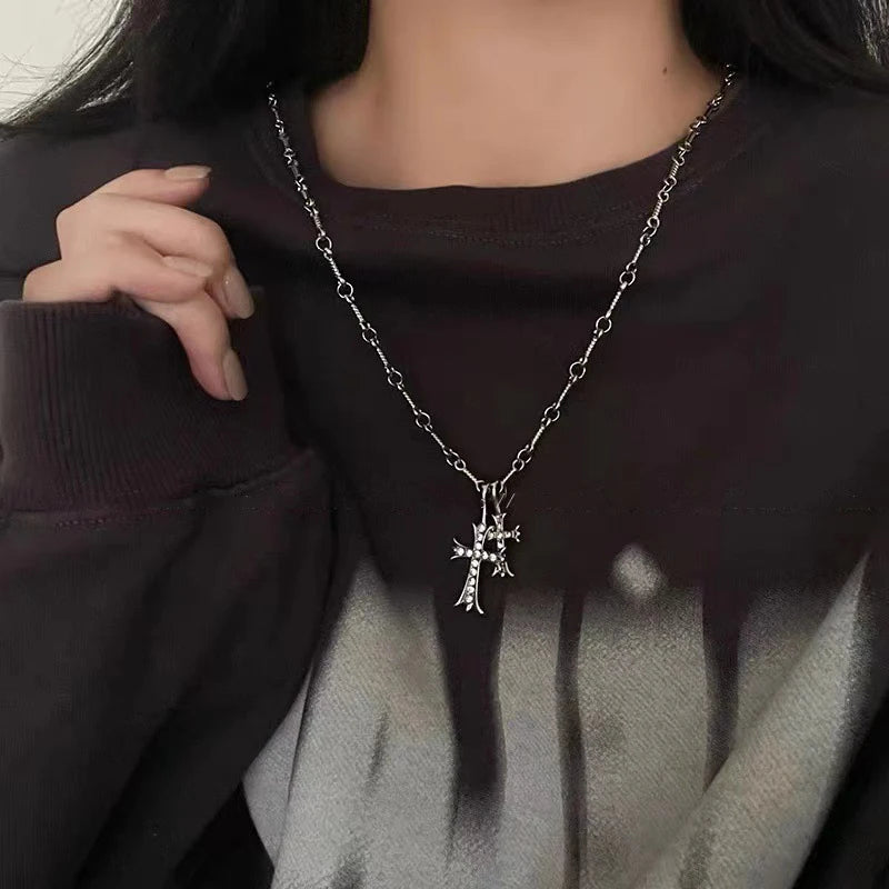 Wlp trend ige gotische Doppelkreuz Strass Anhänger Halskette für Frauen Männer Paare Hip Hop Choker Halskette Kragen Schmuck Geschenk