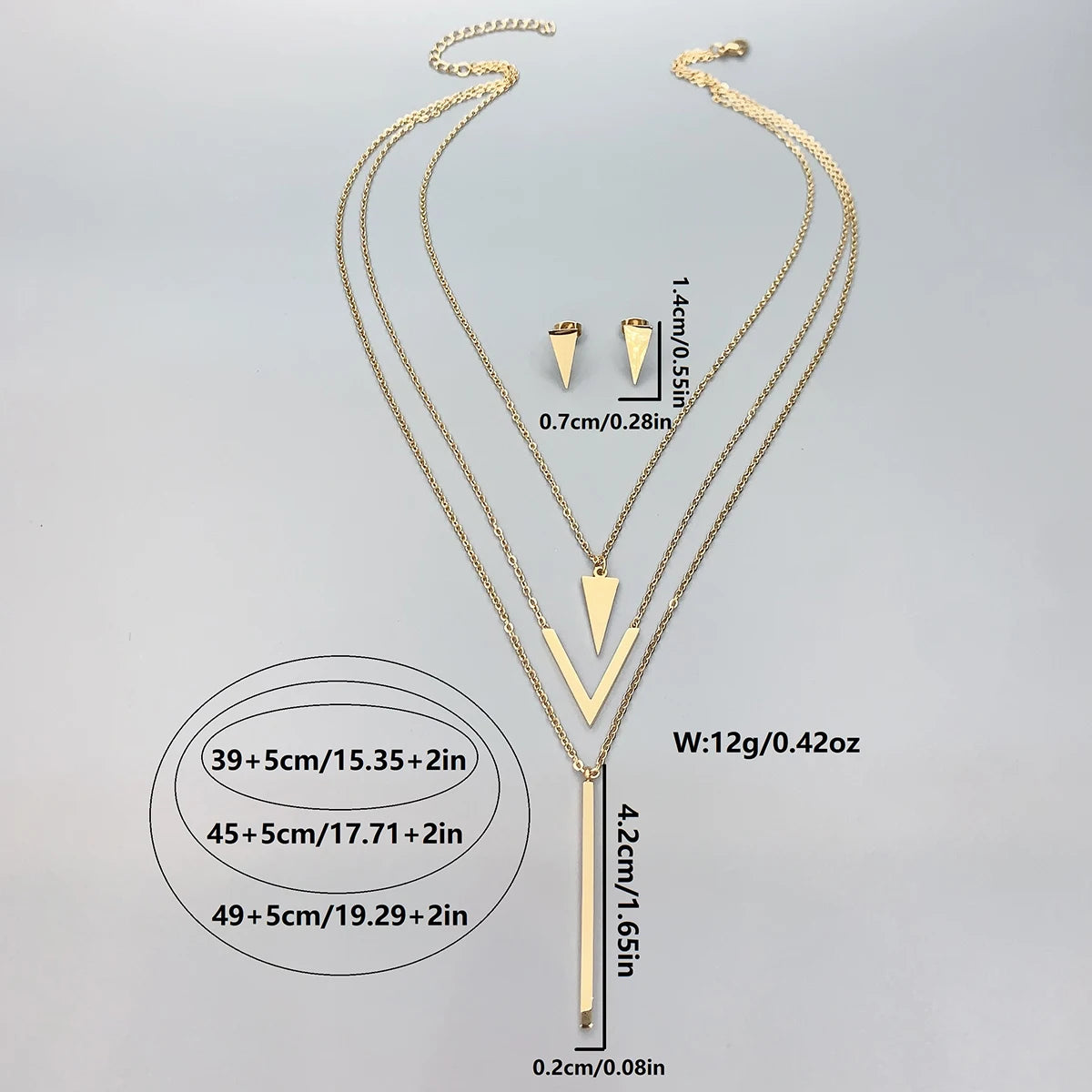3-teiliges Set für Damen, Edelstahl, V-förmiger geometrischer Anhänger, mehrschichtige Halskette, Ohrringe, Geburtstag, Weihnachten, Geschenk