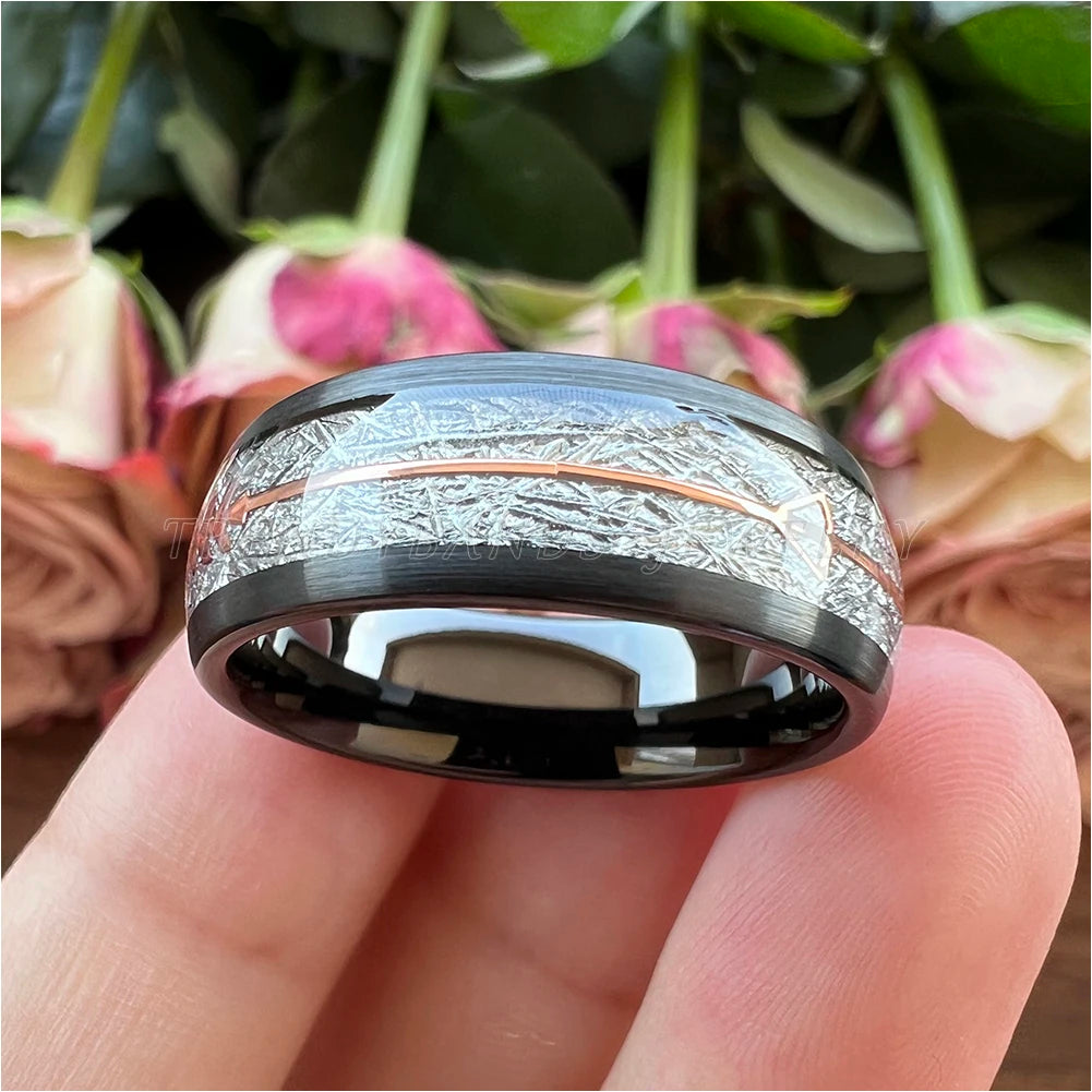 8 mm schwarzer Wolframkarbid-Ehering, Verlobungsring für Männer und Frauen, Meteorit-Pfeil-Inlay, gebürstete Oberfläche