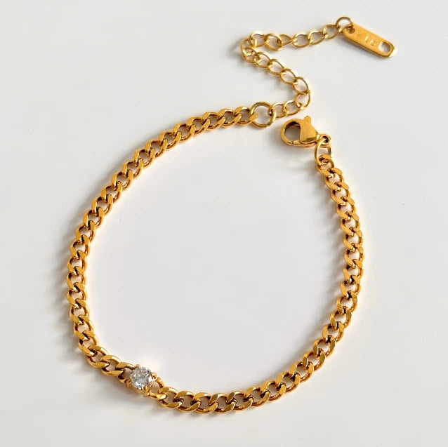 DASEIN 18 Karat vergoldetes römisches französisches weißes Tropfen-Zirkon-kubanisches Kettenarmband-Set, superglanzter Edelstahl-Vintage-Schmuck