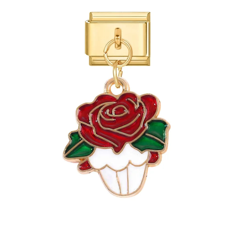 Gold Farbe Schöne Katze Rose Liebe Blume Eis Umschlag Anhänger Italienischen Charme Link Fit 9MM Armband Edelstahl DIY Machen