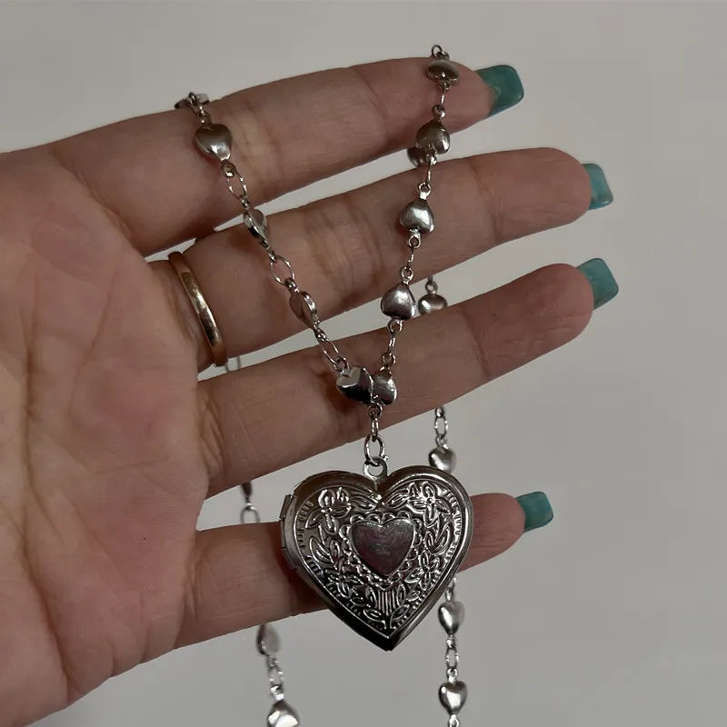 Silber Farbe Liebe Herz Foto Rahmen Anhänger Halskette Für Frauen ICH Liebe Dich Blumenmuster Herz Öffnende Medaillon Halskette Schmuck