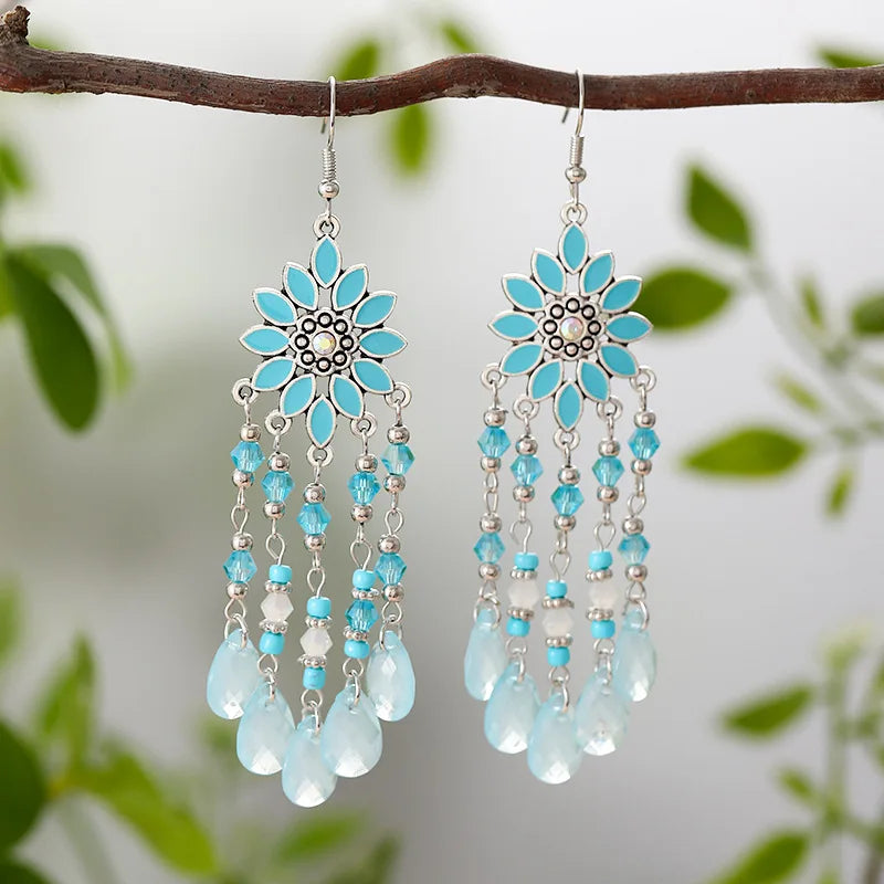 Neue Mode Böhmischen Vintage Blume Tropfen Baumeln Ohrringe Für Frauen Emaille Kristall Geometrische Schmuck Perlen Handgemachte Quaste Ohrringe