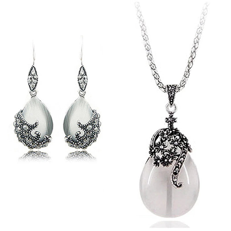 Vintage 925 Sterling Silber Schmuck Sets Für Frauen Mode Wasser Tropfen Form Cat Eye Stein Anhänger Halskette Ohrring Set