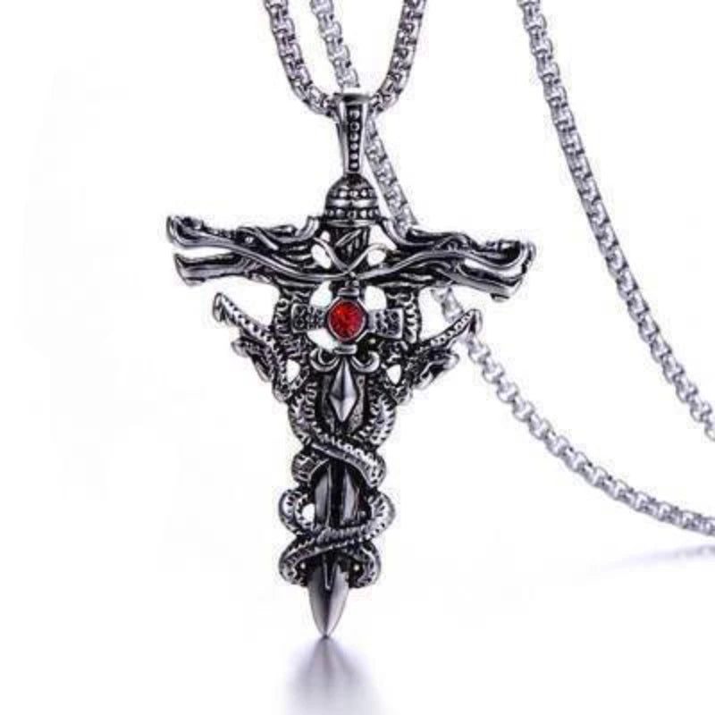Punk Mode Titan Stahl Halskette für Männer Legierung Doppel Drachen Schwert Anhänger Choker Ring Vintage Bösen blick Kreuz Schmuck Geschenk