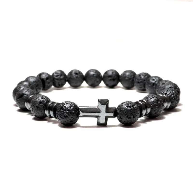 100 % natürliches vulkanisches Lava-Armband, schwarzes Zirkonia-Armband, neues einfaches modisches Kreuzarmband, Hämatit-Geschenk für Freund