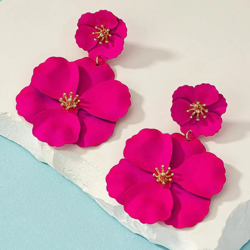 Damen Fuchsia Blumen Tropfen Ohrringe Vergoldung Weiß Fuchsia Spray Große Blume Baumeln Ohrringe Urlaub Braut Ohrringe