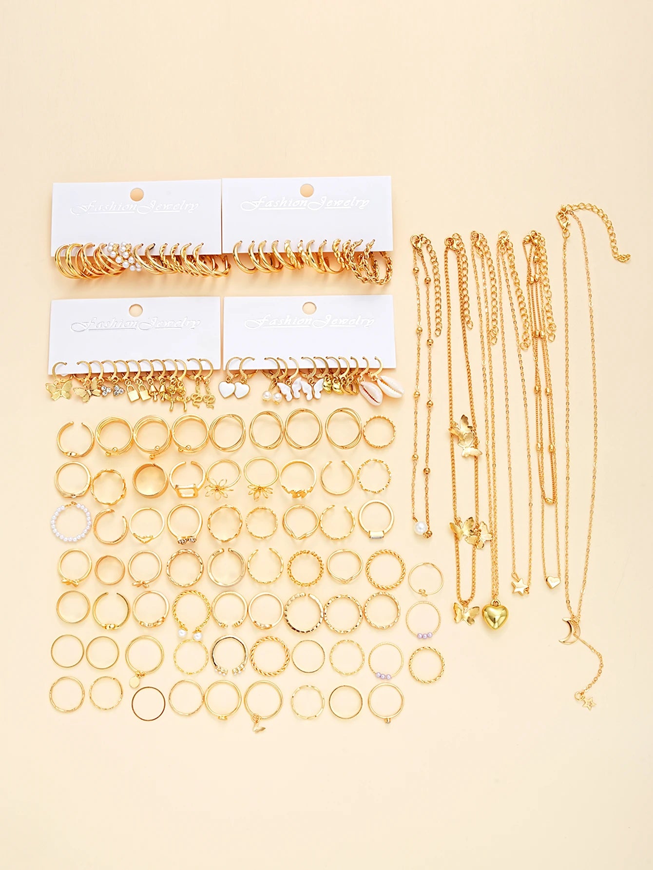 114 Stück Schmuck Set schöne Atmosphäre Lady Punk Perle Metall Ring Ohrring Halskette Set