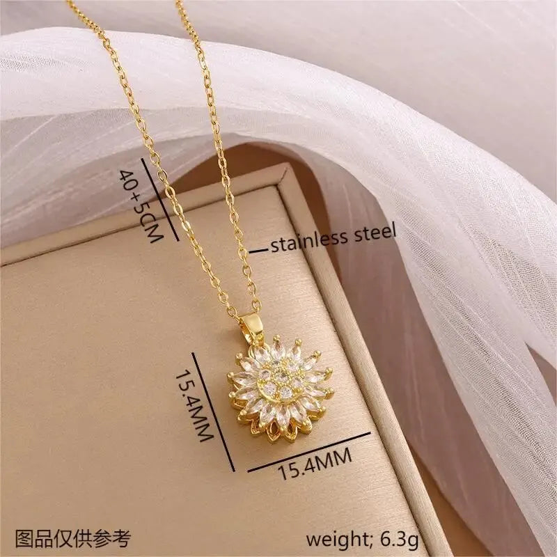 Trend ige Rotation Spin Sonnenblume Edelstahl Zirkon Halsketten für Frauen Metall Kristall Halskette Party Geburtstags geschenke Schmuck