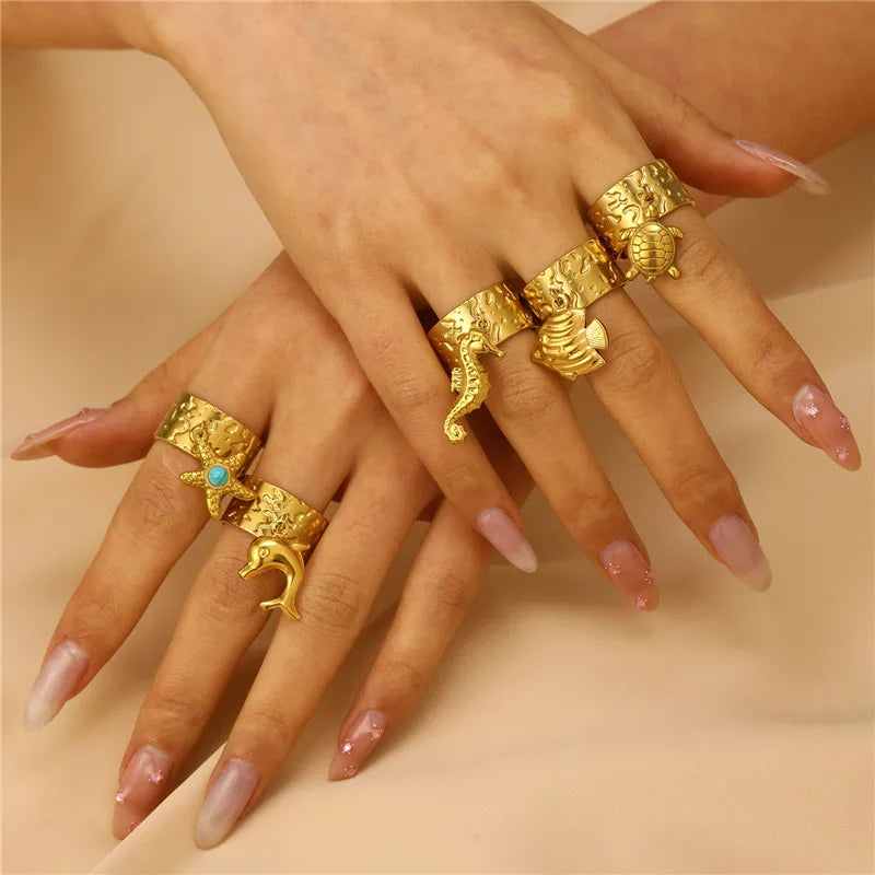 Mode Meer Tier Anhänger Ring für Frauen Runde Geometrische Joint Schmuck Mädchen Urlaub Edelstahl Charme Ringe Großhandel