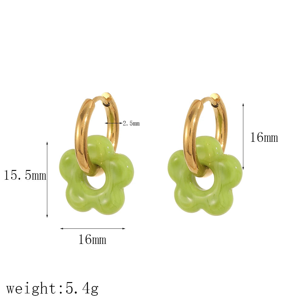Bunte kleine Blume Edelstahl Charms Ohrring 18K vergoldet Kreis Ohr Schnalle Creolen Schmuck für Frauen