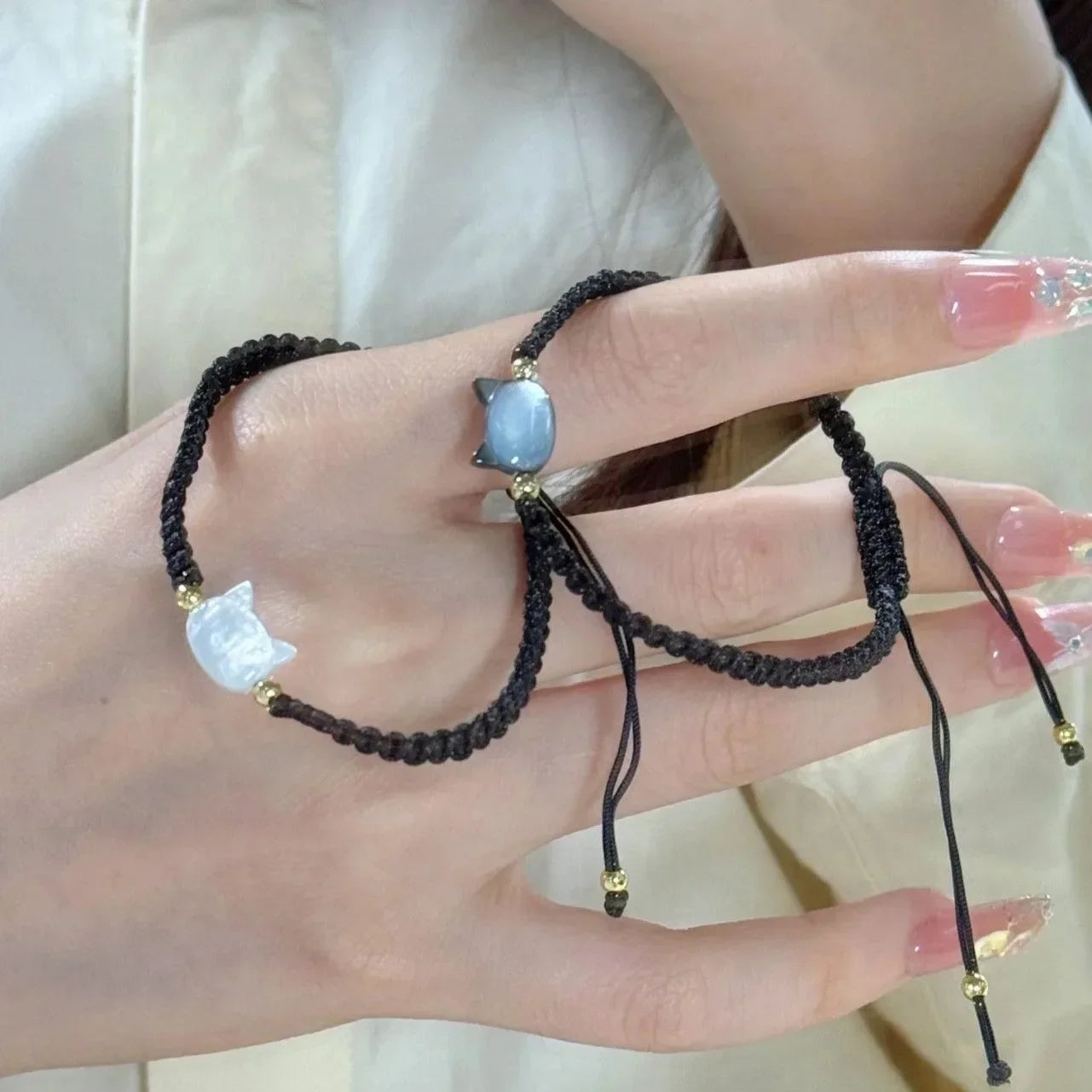 Süßes schwarz-weißes Kaninchen-Katzen-Armband, natürlicher Mondstein, Obsidian-Armbänder, Paar, minimalistisches Armband, handgefertigter Party-Schmuck, Geschenk