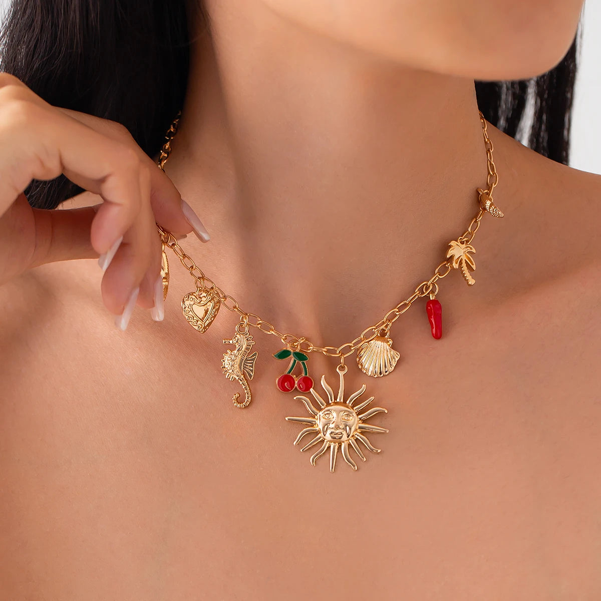 Salircon Sonne Seestern Jakobsmuschel Anhänger Halskette für Frauen Vintage Conch Sommer Strand Feiertage Gold Farbe Kette Schmuck Geschenk
