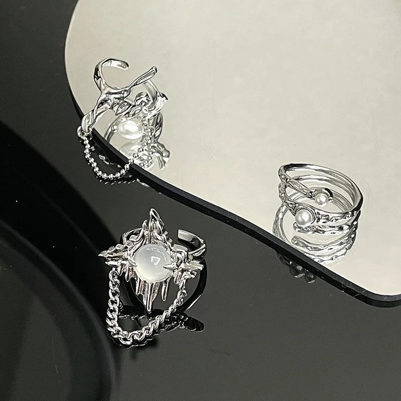 Vintage Unregelmäßige Perle Offenen Ring für Frauen Männer Punk Gothic Silber Farbe Kristall Einstellbare Paar Ringe Y2K Egirl Schmuck Geschenke