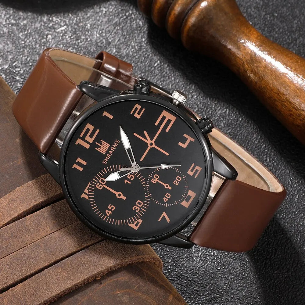 5PCS Set Mode Herren Sport Armband Uhren Für Männer Retro Große Zifferblatt Quarz Armbanduhr Klassische Männliche Casual braun Leder Uhr