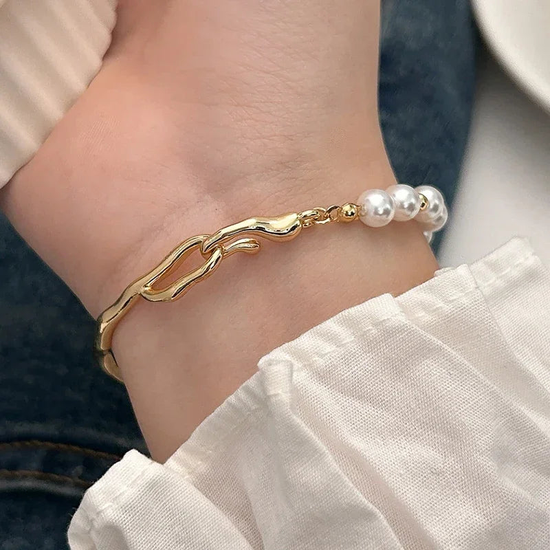 Runde Armreifen aus 925er-Sterlingsilber mit Perlenperlen für Damen, trendiger, minimalistischer, geometrischer, feiner Schmuck, unregelmäßige Accessoires