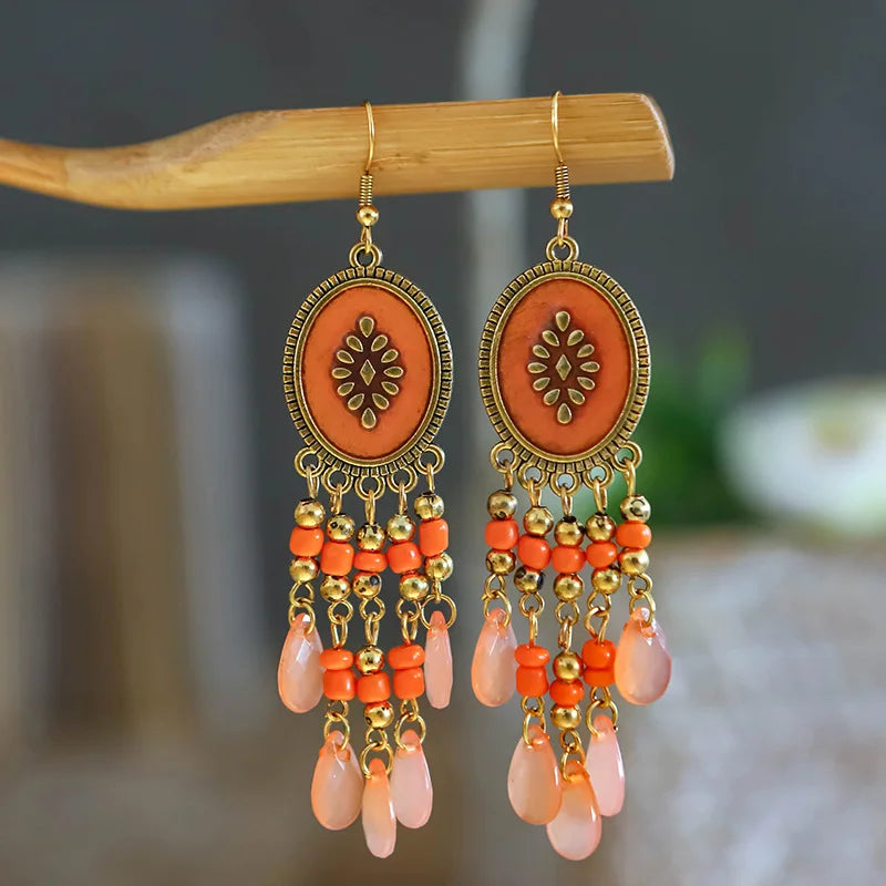 Bohemian Lange Bunte Quaste Perlen Wasser Tropfen Baumeln Ohrringe Für Frauen Vintage Gold Farbe Tropfen Glasur Ohrringe Pendientes Mujer