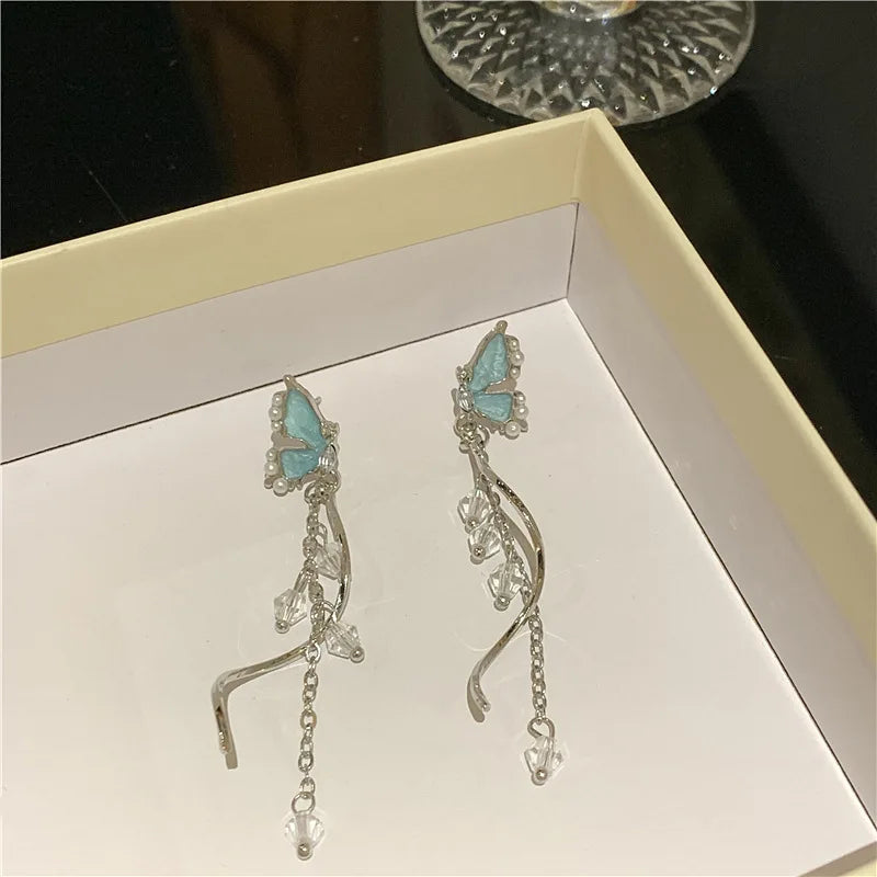Temperament Blau Glasierte Schmetterling Baumeln Ohrringe Für Frauen Strass Perle Quaste Anhänger Ohr Ringe Party Dame Schmuck Geschenke