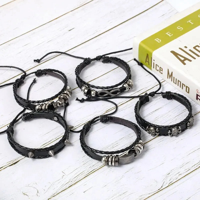 5-teiliges DIY-Armband-Set aus geflochtenem Metall im Punk-Stil, mit Pu-Leder und Perlen