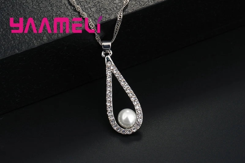 Reine 925 Sterling Silber Shiny CZ Kristall Wasser Tropfen Perle Halsketten Anhänger Kette Ohrringe Frau Feine Hochzeit Schmuck Set Geschenk