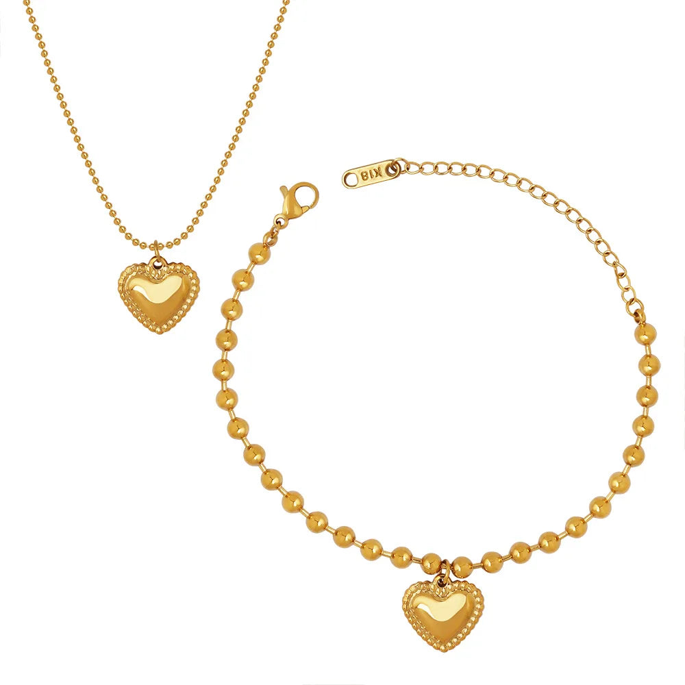 Trendy Herz Anhänger Halskette Armbänder Sets Für Frauen Vergoldet Edelstahl Kugeln Kette Frauen Hochzeit Schmuck Sets