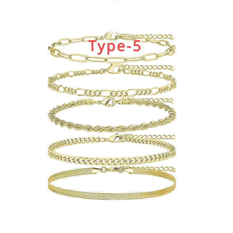 5 Stück/7 Stück 14K vergoldetes Fußkettchen Cuban Link Figaro Büroklammer Seil Fischgrätenkette Fußkettchen Set Geschenk für Frauen Mädchen