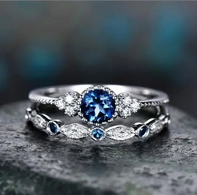 2 Teile/satz Luxus Grün Blau Stein Kristall Ringe Für Frauen Silber Farbe Hochzeit Verlobung Ringe Schmuck