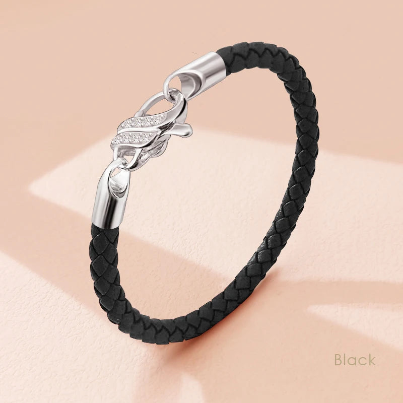 Neues Design S925 Sterling Silber Armband für Frauen Zirkonia Charme Geflochtenes Lederarmband Weiblichen Schmuck Weihnachtsgeschenk