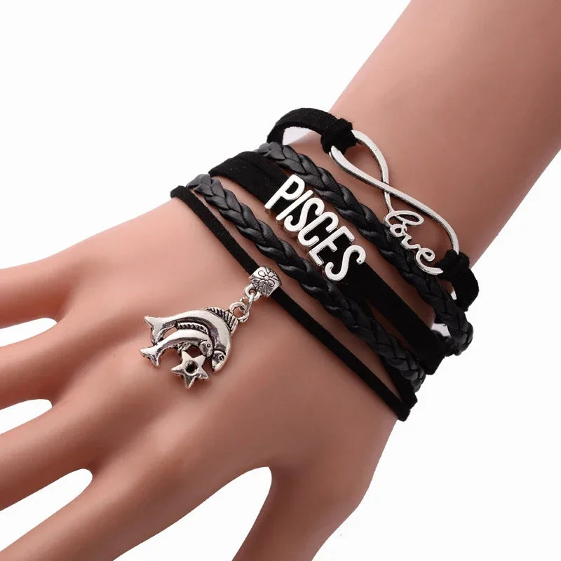 12-Sternbild-Sternzeichen, schwarzes geflochtenes Lederarmband, Krebs, Löwe, Jungfrau, Waage, gewebter Schmuck, Punk-Männer-Anhänger-Armband