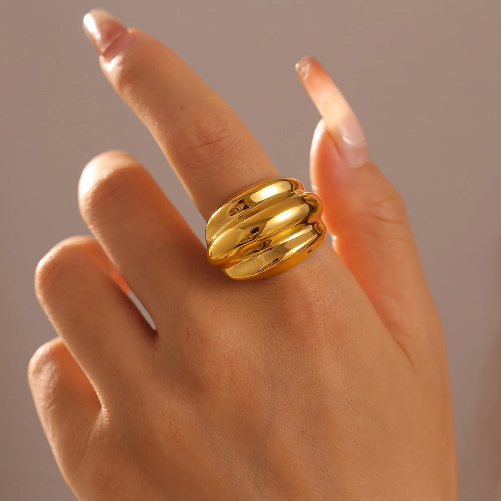 Liora Edelstahl-Statement-Ringe für Frauen, glattes Metall, gedrehte Streifen, Charm-Paarringe, modischer wasserdichter Schmuck