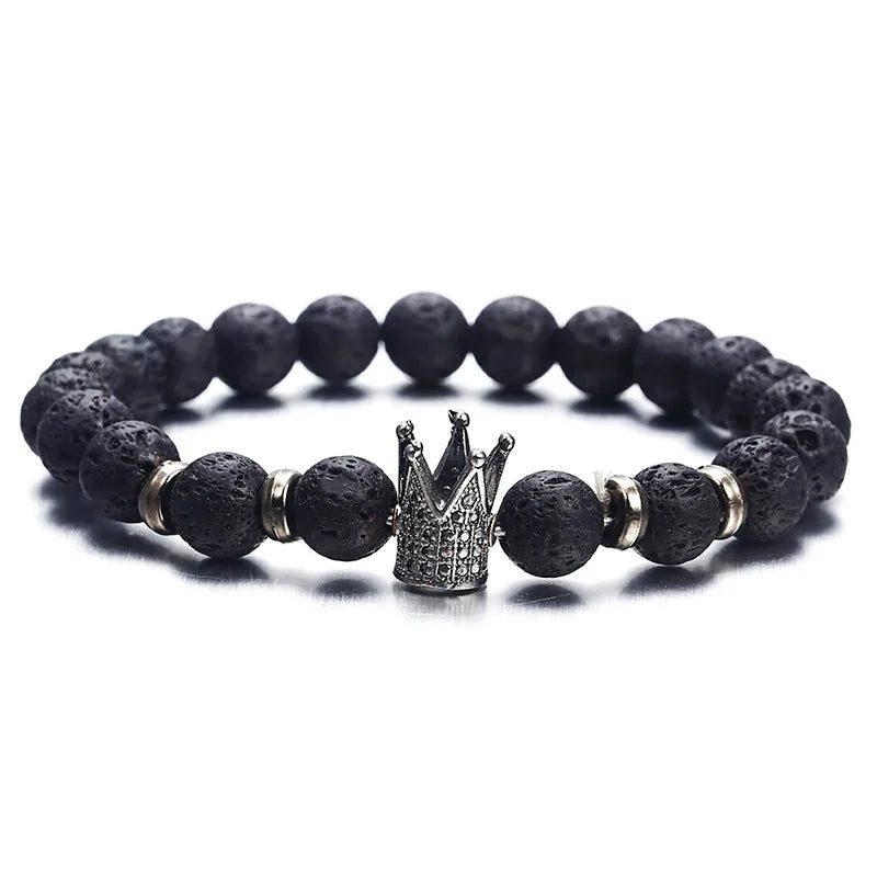 8MM Weiß Kiefer Vulkanstein Armband Elastischen Faden Eingestellt Perle Neue Vulkanstein Krone Armband Für Frauen Männer Schmuck geschenk