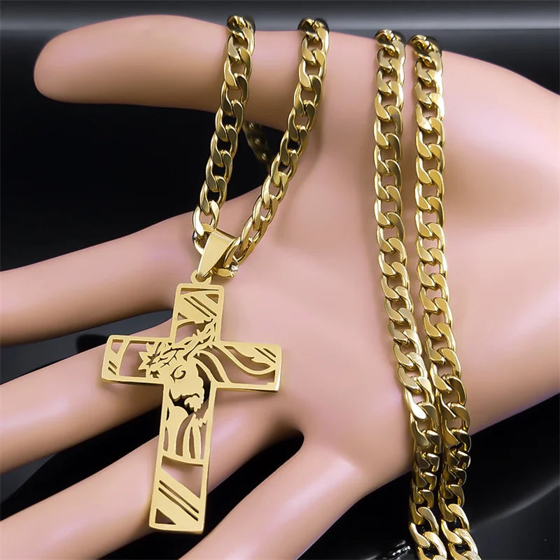 Hip Hop Punk Krone der Dornen Jesus Kreuz Halskette für Männer Edelstahl Vergoldet Kruzifix Anhänger Halsketten Schmuck N8052