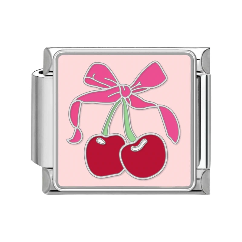 Niedliche Schleife, Knoten, Herz, Kirsche, süß, rosa, rot, italienische Charm-Verbindungen, passend für 9 mm Armbänder, Edelstahl, Damenschmuck, DIY-Herstellung von Geschenken