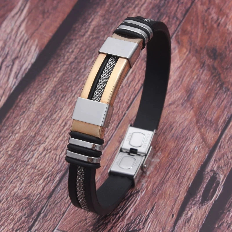 HNSP Edelstahl Silikon Leder Armband Für Männer Kabel Linie Hand Kette Punk Schmuck Zubehör Männlich Geschenk
