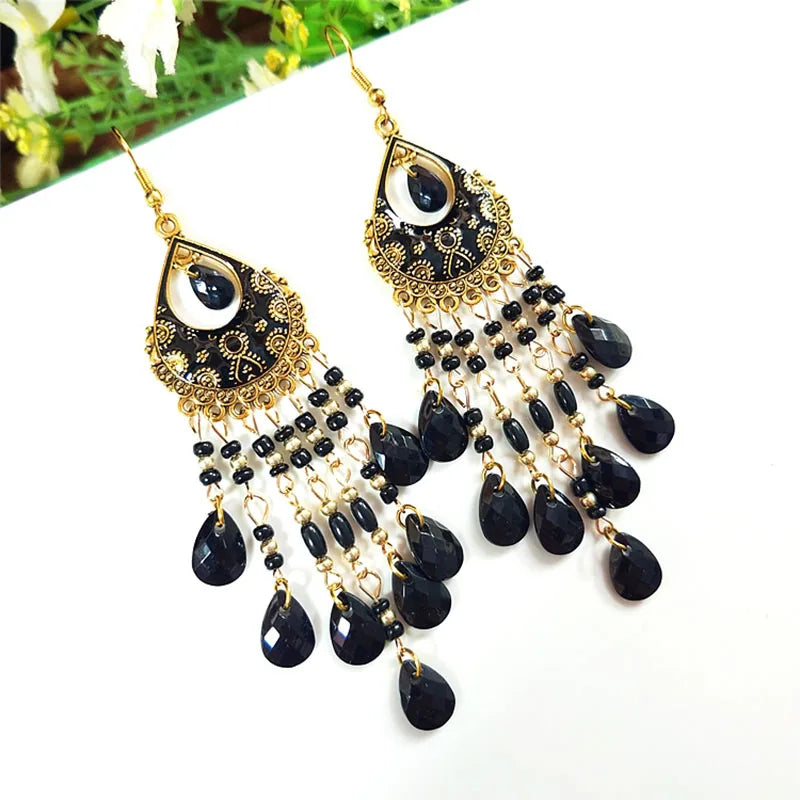 Böhmische lange Acryl-Wassertropfen-Quasten-Ohrringe für Frauen, ethnische mehrfarbige Perlen, Tropfenöl, handgefertigte baumelnde Ohrringe, Boho-Schmuck