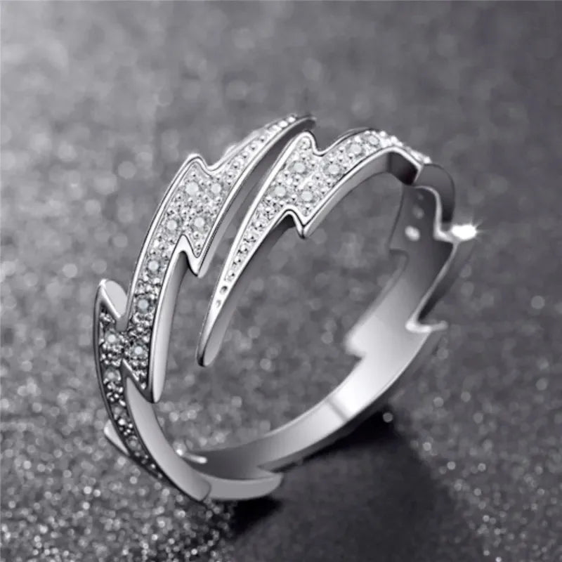 Punk Hip Hop Silber Farbe Zirkon Blitz Offene Ringe für Männer Mode Schmuck Geschenk Kreative Einstellbare Ring