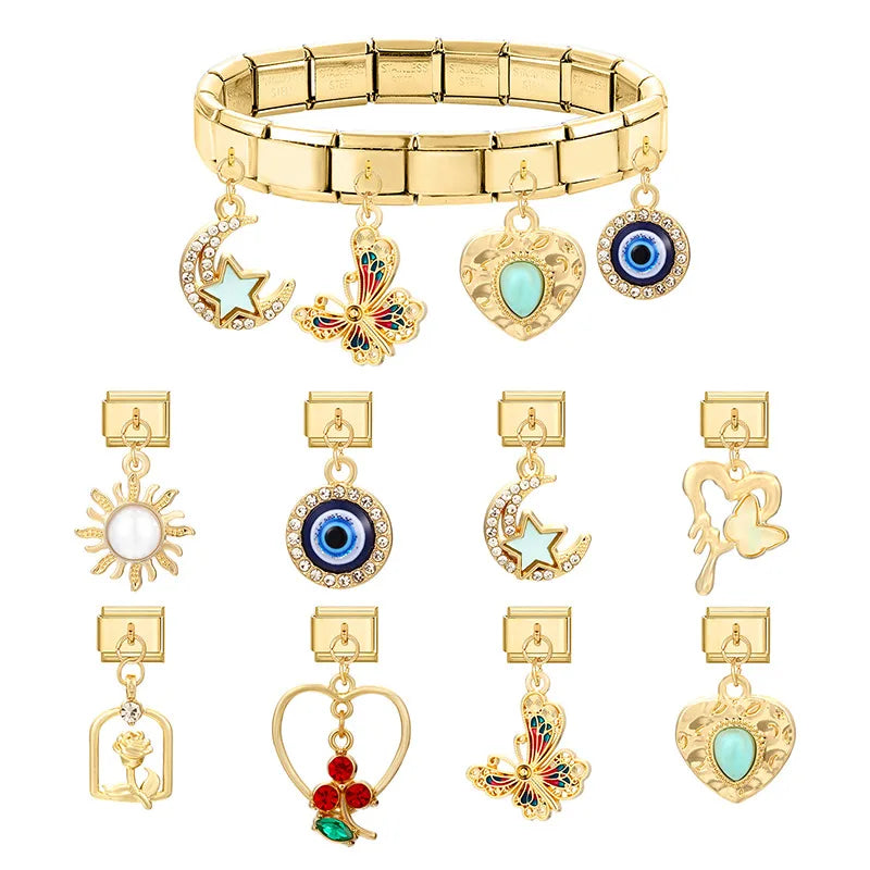 Gold Farbe Mond Schlange Rosa Schmetterling Zirkon Anhänger Italienischen Charme Links Fit 9mm Edelstahl Armband Frauen DIY Machen geschenke