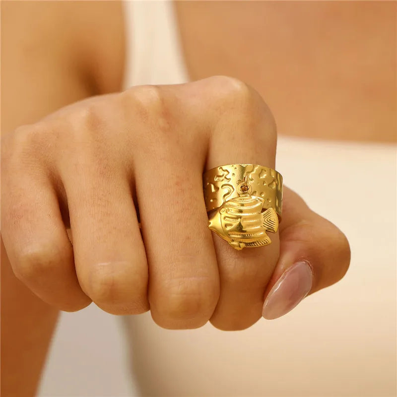 Mode Meer Tier Anhänger Ring für Frauen Runde Geometrische Joint Schmuck Mädchen Urlaub Edelstahl Charme Ringe Großhandel