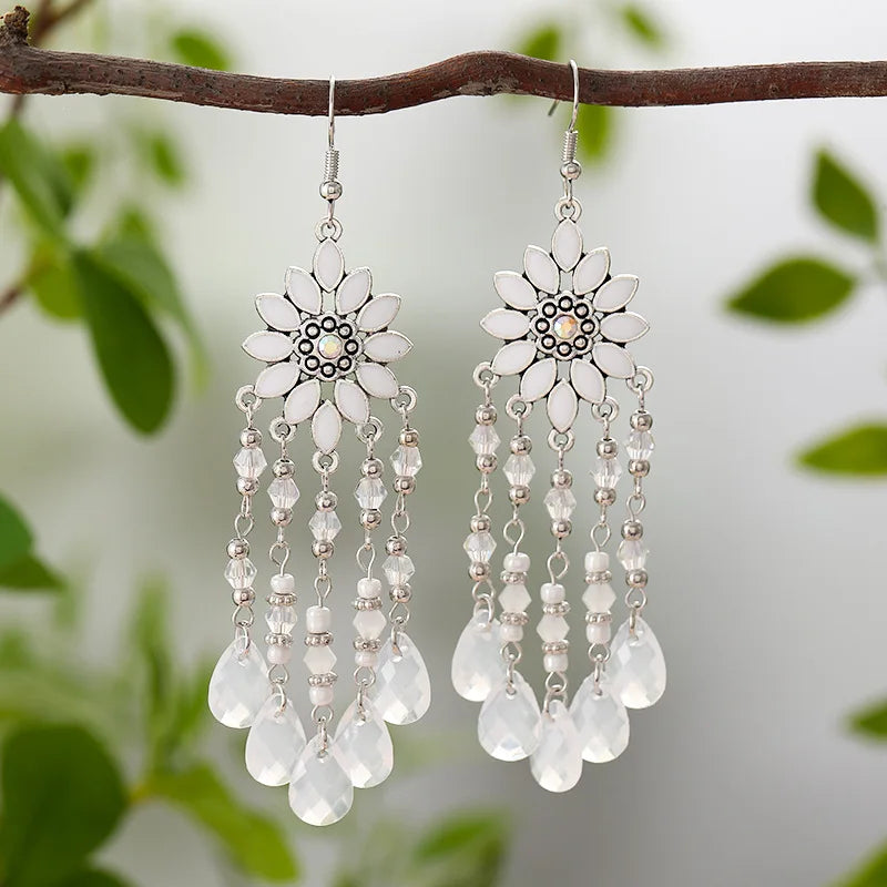 Neue Mode Böhmischen Vintage Blume Tropfen Baumeln Ohrringe Für Frauen Emaille Kristall Geometrische Schmuck Perlen Handgemachte Quaste Ohrringe
