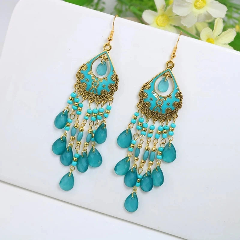 Bohemian Lange Bunte Quaste Perlen Wasser Tropfen Baumeln Ohrringe Für Frauen Vintage Gold Farbe Tropfen Glasur Ohrringe Pendientes Mujer